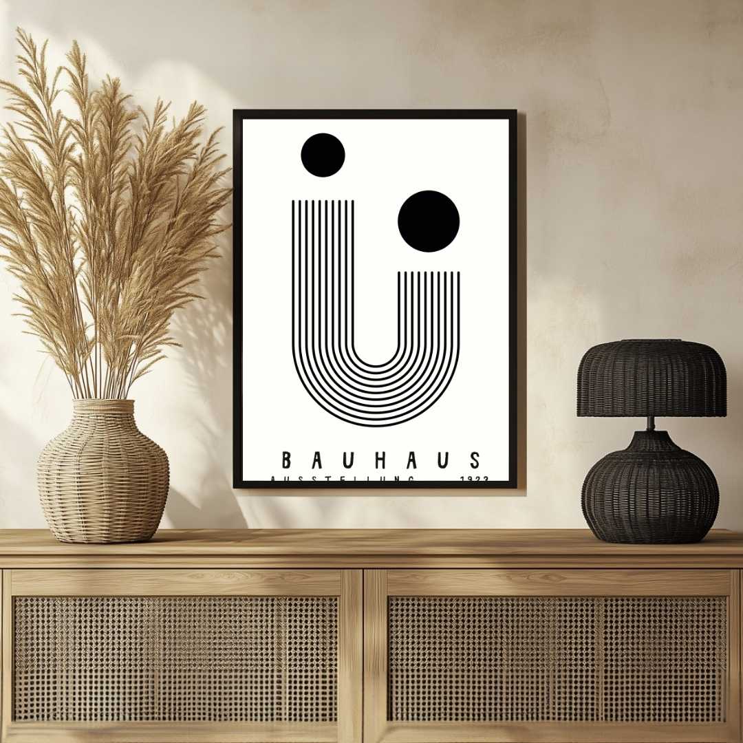 Bauhaus "Ausstellung 1923" Minimalist Linear U-Shape & Circles Poster | Vertical High-Contrast White Framed Wall Art