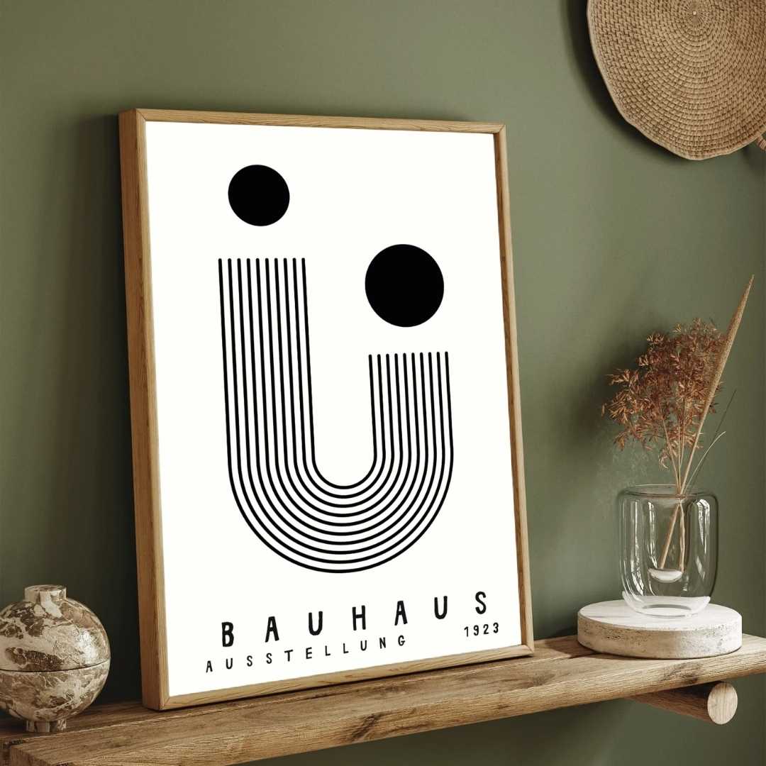 Bauhaus "Ausstellung 1923" Minimalist Linear U-Shape & Circles Poster | Vertical High-Contrast White Framed Wall Art