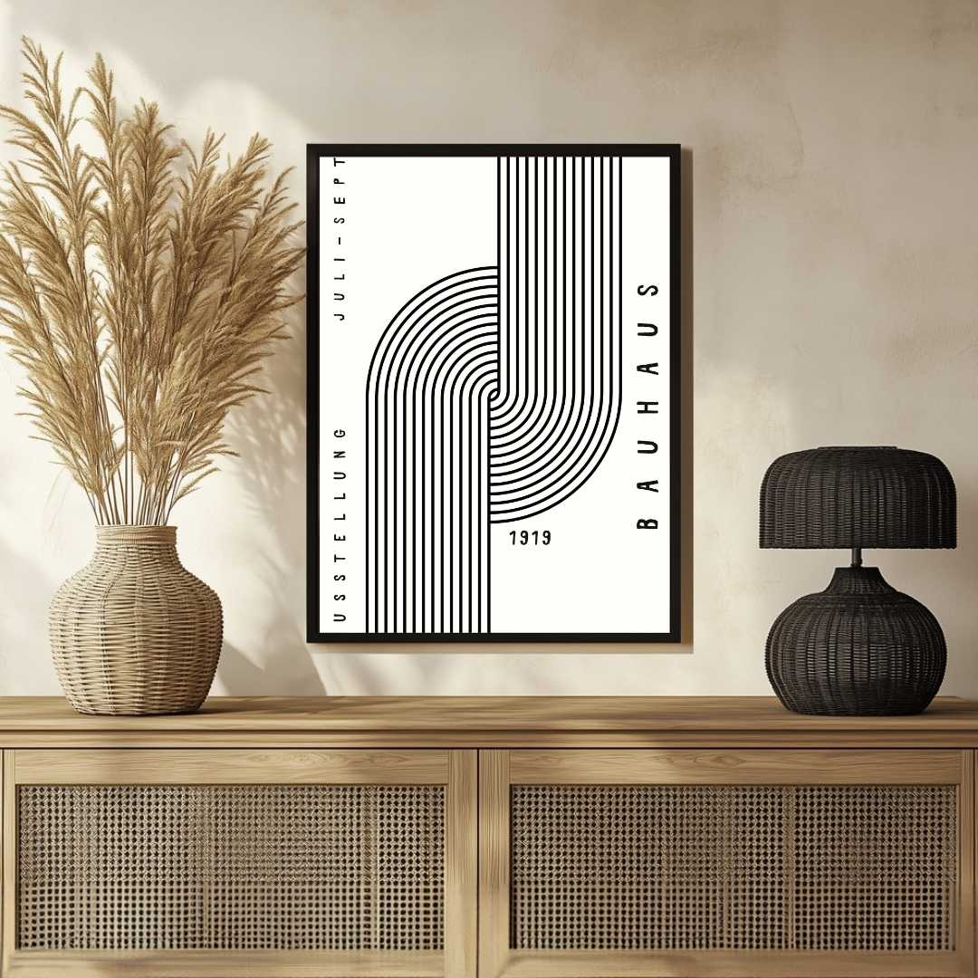 Bauhaus "Ausstellung 1919" Interlocking Linear Arch Tracks Poster | Vertical High-Contrast White Framed Wall Art