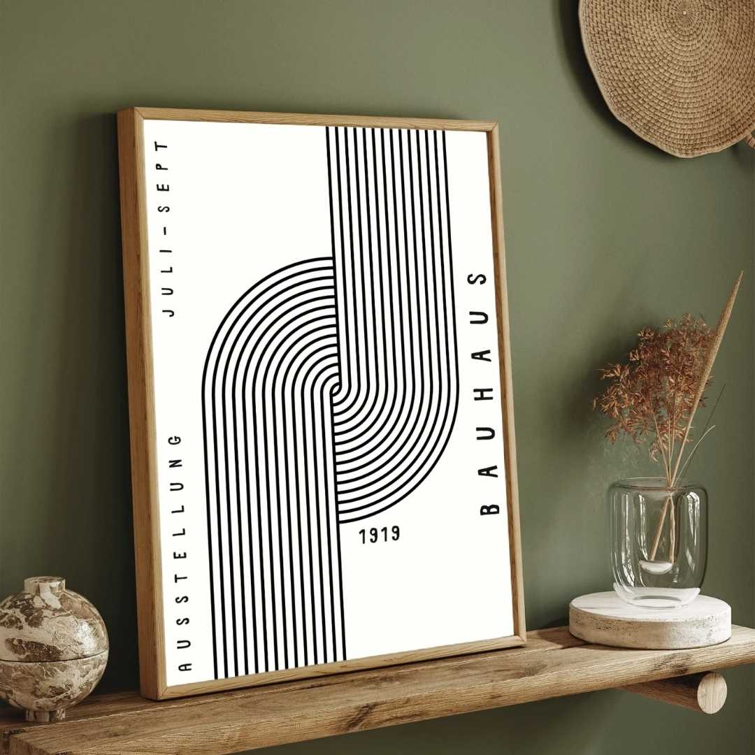 Bauhaus "Ausstellung 1919" Interlocking Linear Arch Tracks Poster | Vertical High-Contrast White Framed Wall Art