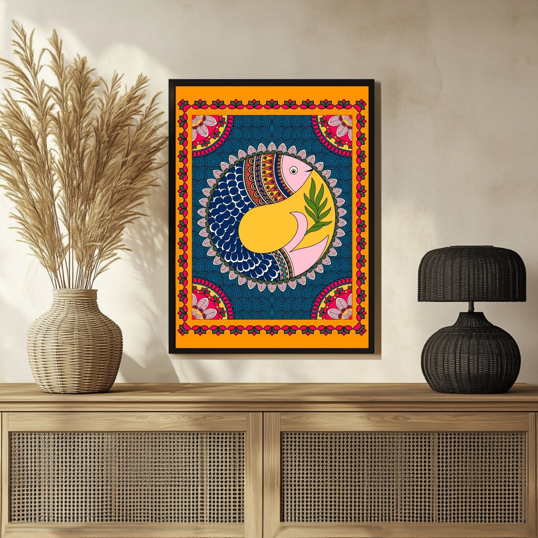 Floral Fins Madhubani Wall Art - Traditional Indian Painting