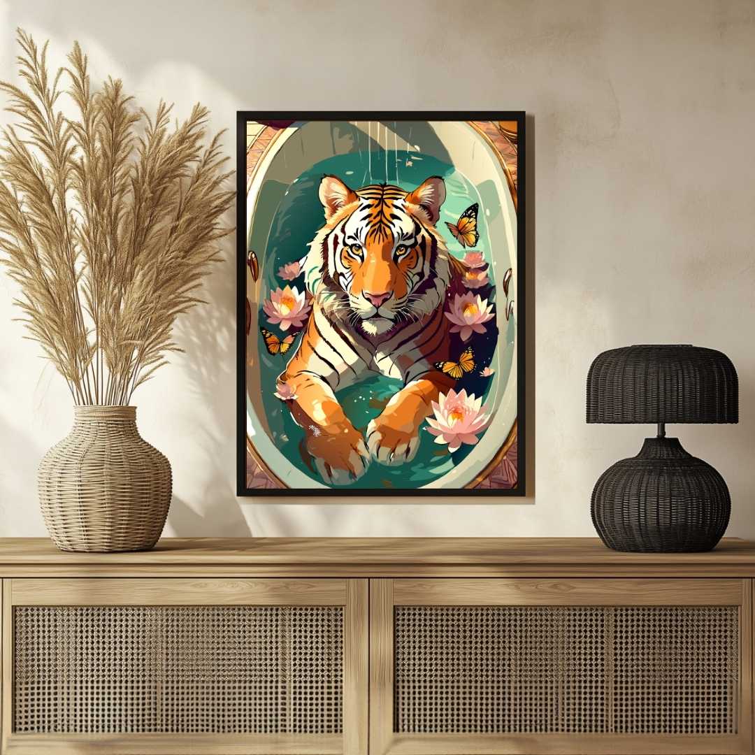 Whimsical Tiger in Bathtub Botanical Pop Art | Framed Print 2 : 3 Vertical Premium Wall Art Canvas by MeriDeewar