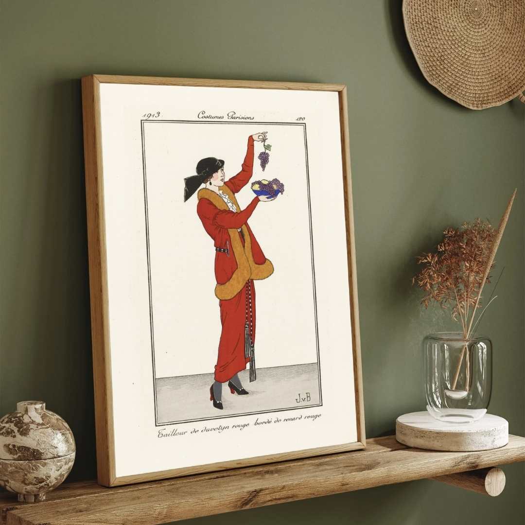 Vintage Journal des Dames et des Modes "Costumes Parisiens" 1913 Fashion Illustration Poster | Vertical Retro White Framed Wall Art 2 : 3 Vertical Premium Wall Art Canvas by MeriDeewar