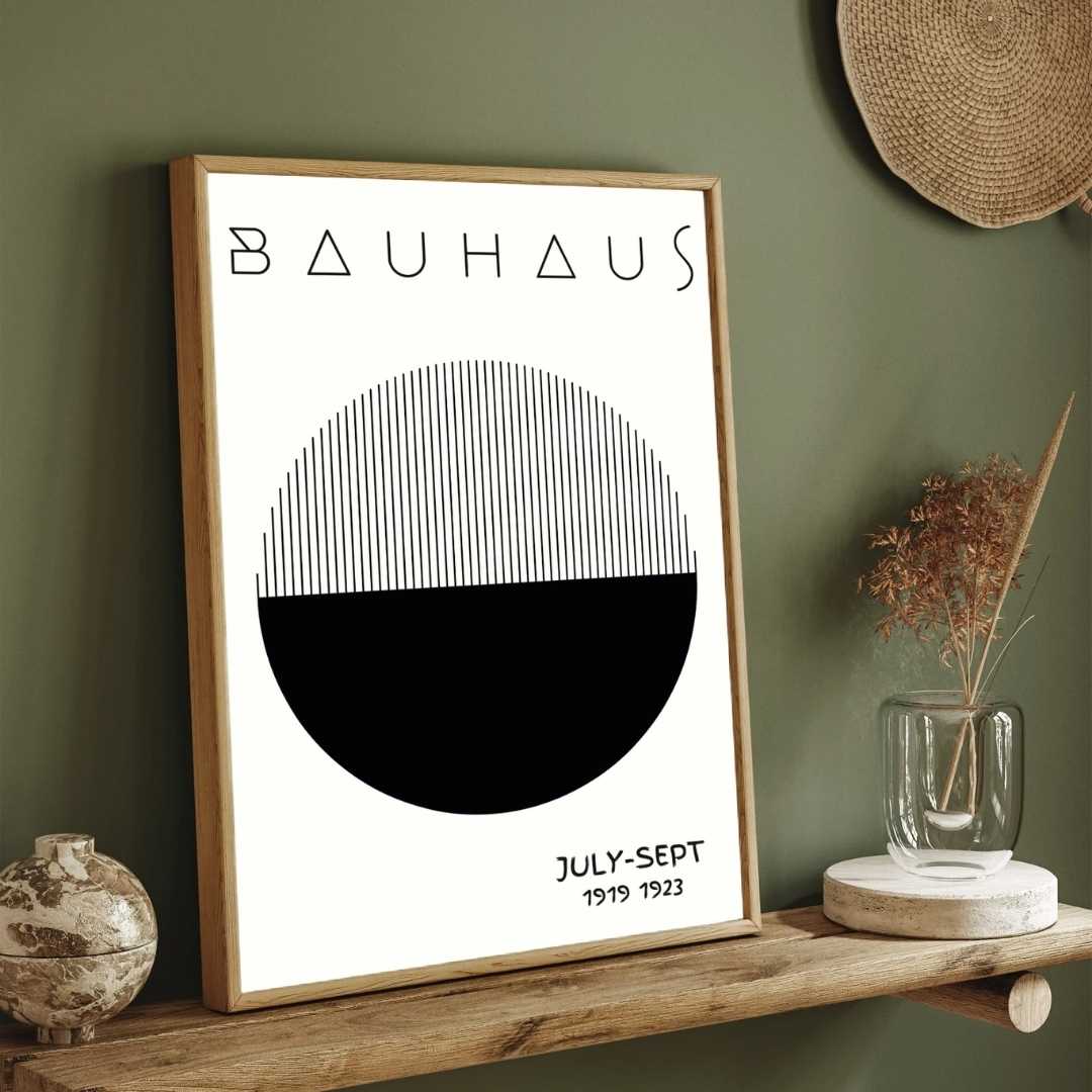 Bauhaus Germany "Exhibition 1919-1923" Half-Solid Half-Linear Circular Poster | Vertical High-Contrast White Framed Wall Art