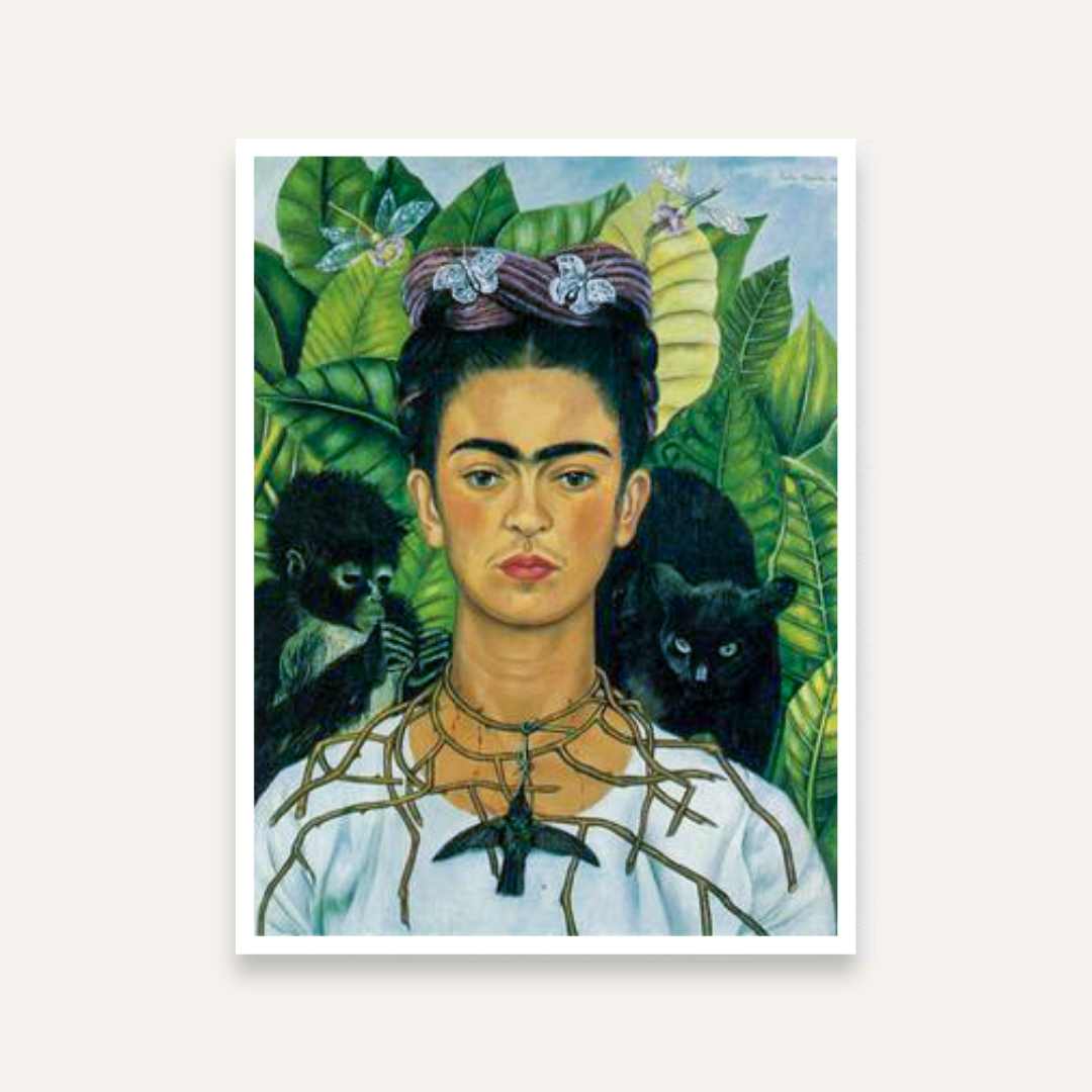 Frida Kahlo Self Portrait Painting for Living Room | Thorn Necklace & Hummingbird Wall Art 4 :5 Vertical Premium Wall Art Canvas by MeriDeewar