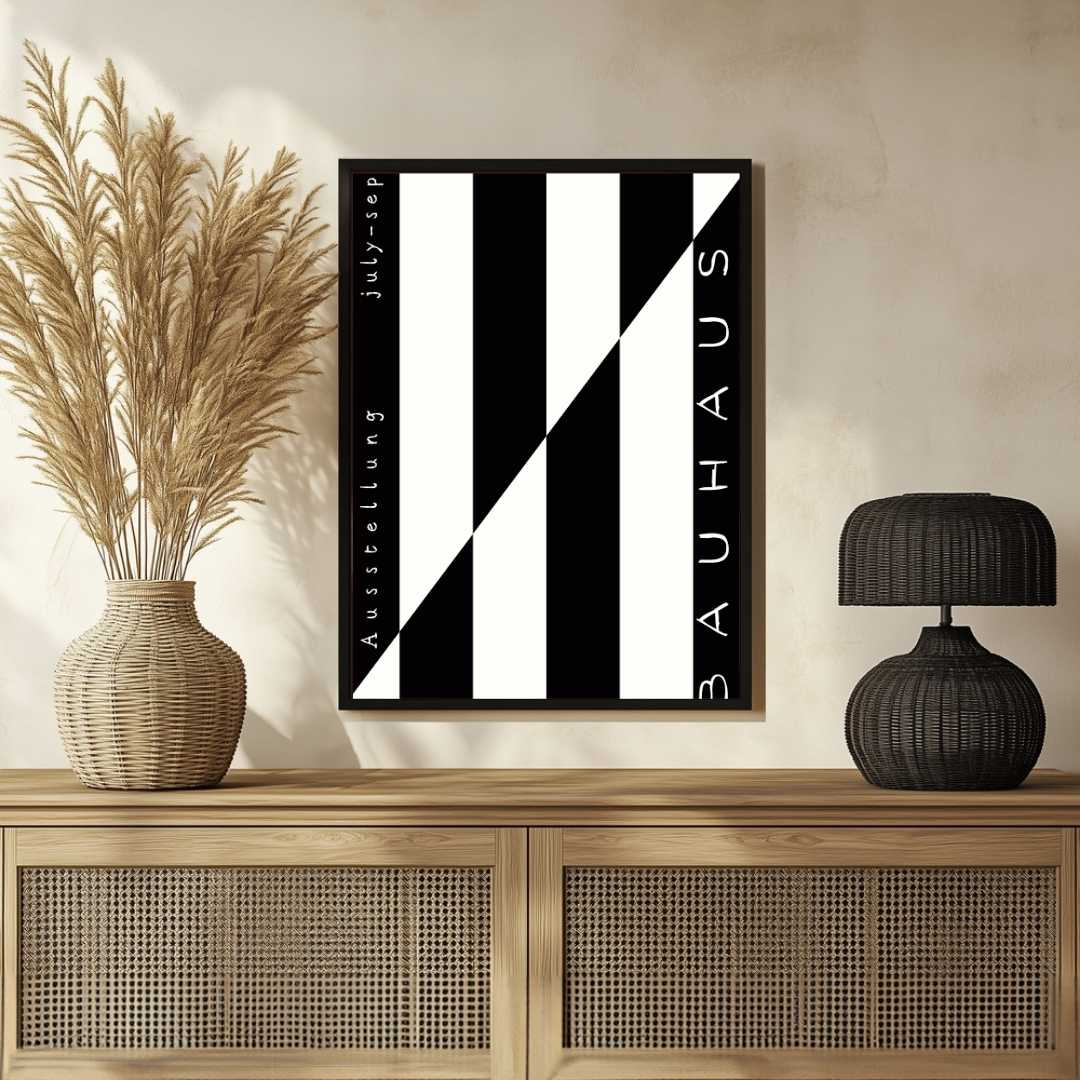 Bauhaus "Ausstellung July-Sept" Counterchange Diagonal Block Poster | Vertical High-Contrast White Framed Wall Art