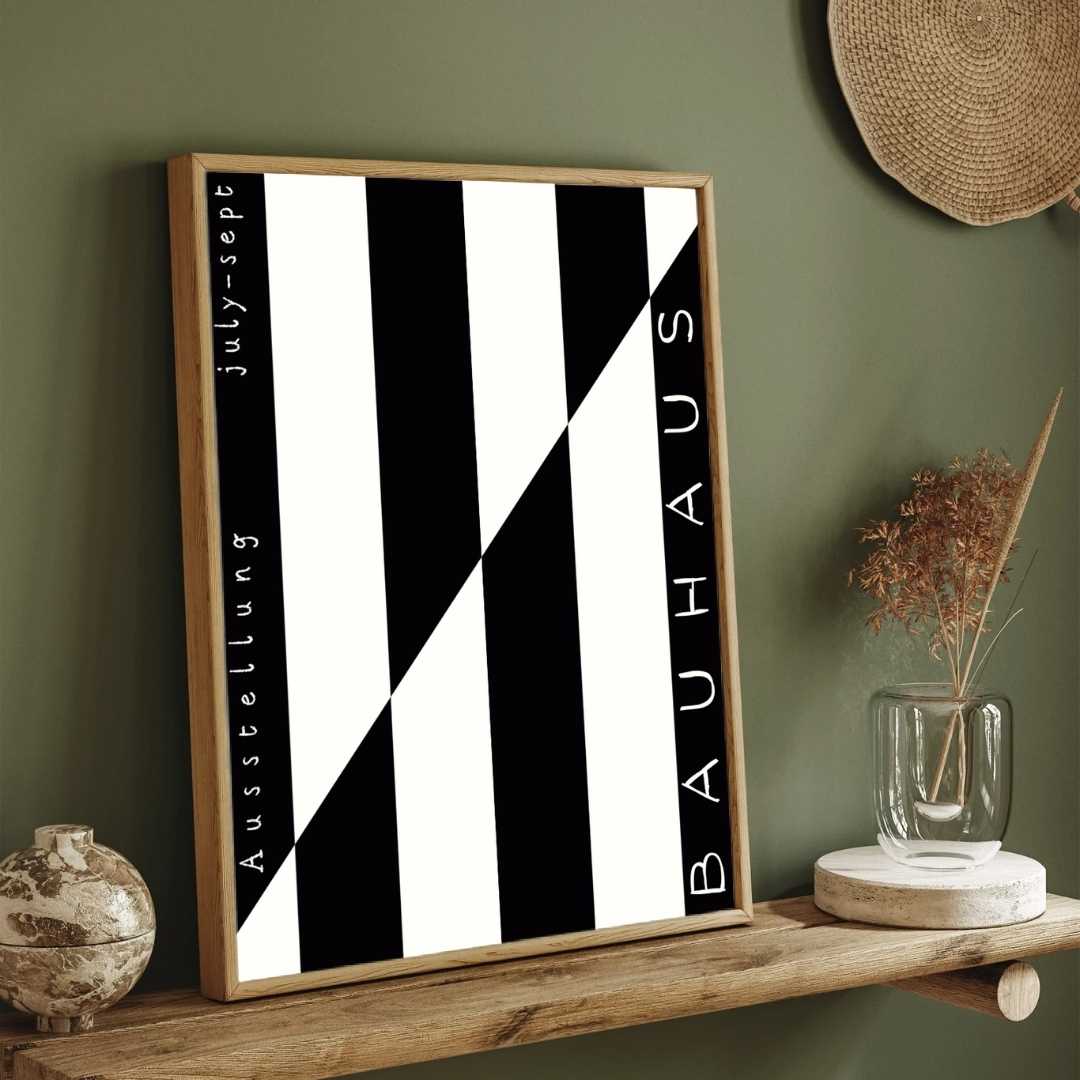 Bauhaus "Ausstellung July-Sept" Counterchange Diagonal Block Poster | Vertical High-Contrast White Framed Wall Art