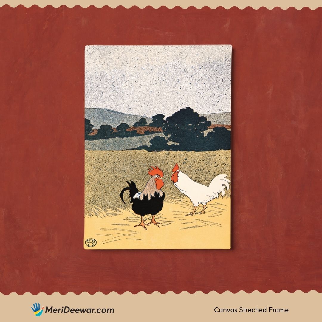 Two Roosters in A Field by Edward Penfield