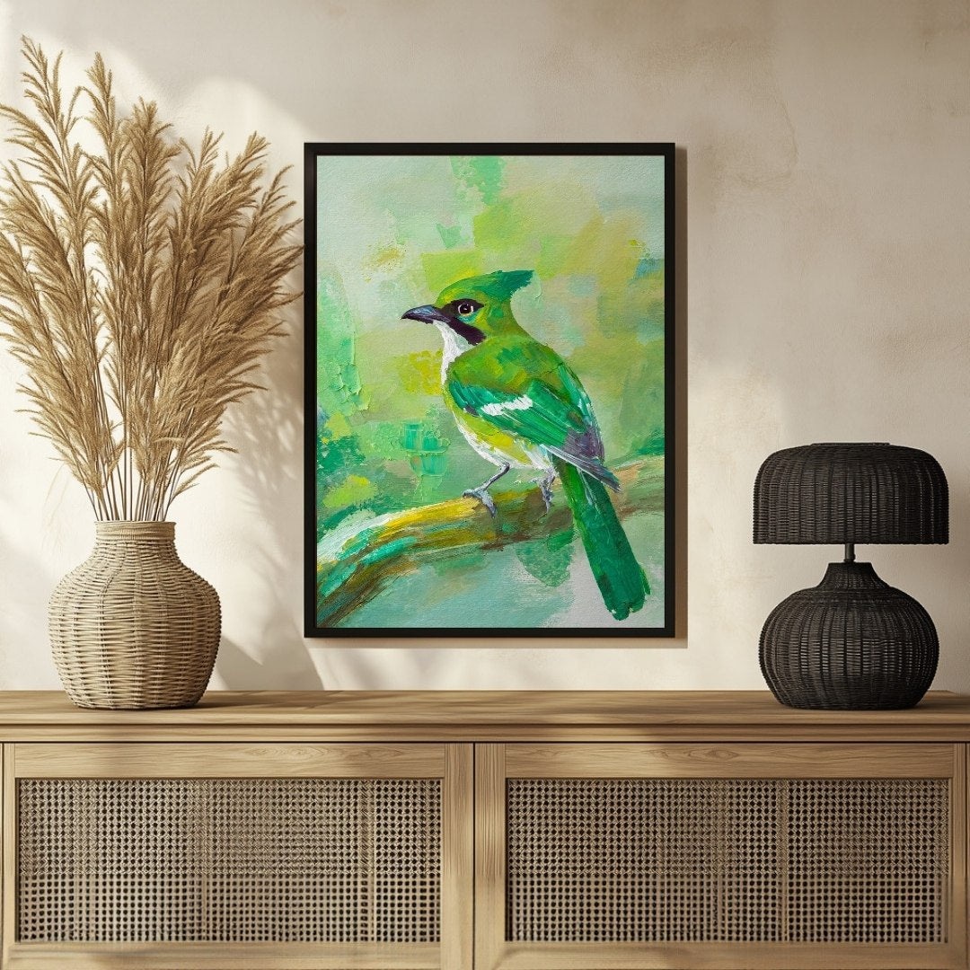 Green Jay Bird Abstract Art - Unique Canvas Painting