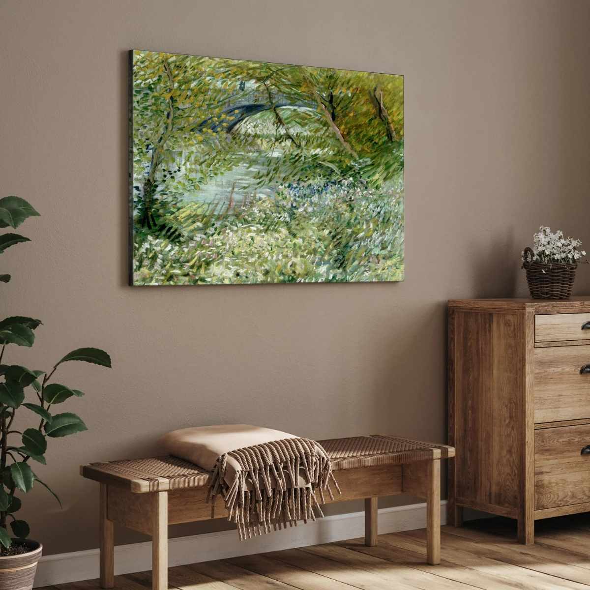 Nature Scenery Painting for Living Room – Van Gogh River Bank in Springtime | Green Wall Art 4 : 3 Horizontal Premium Wall Art Canvas by MeriDeewar