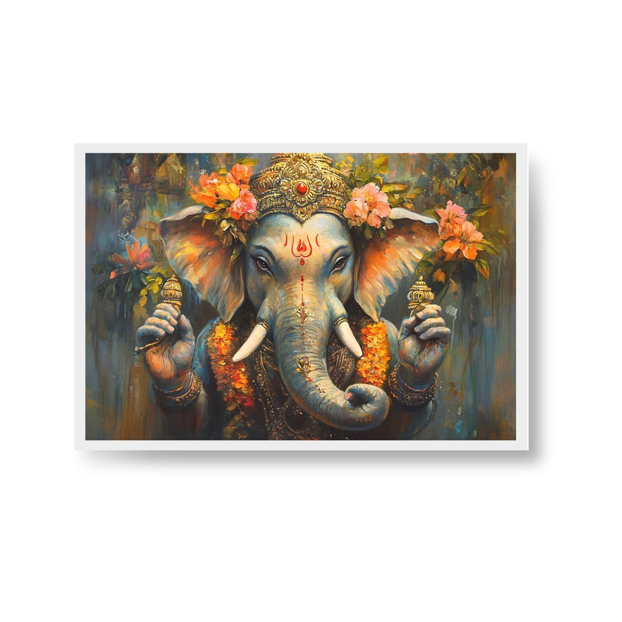 Watercolor painting of Ganesha with a crown and flowers