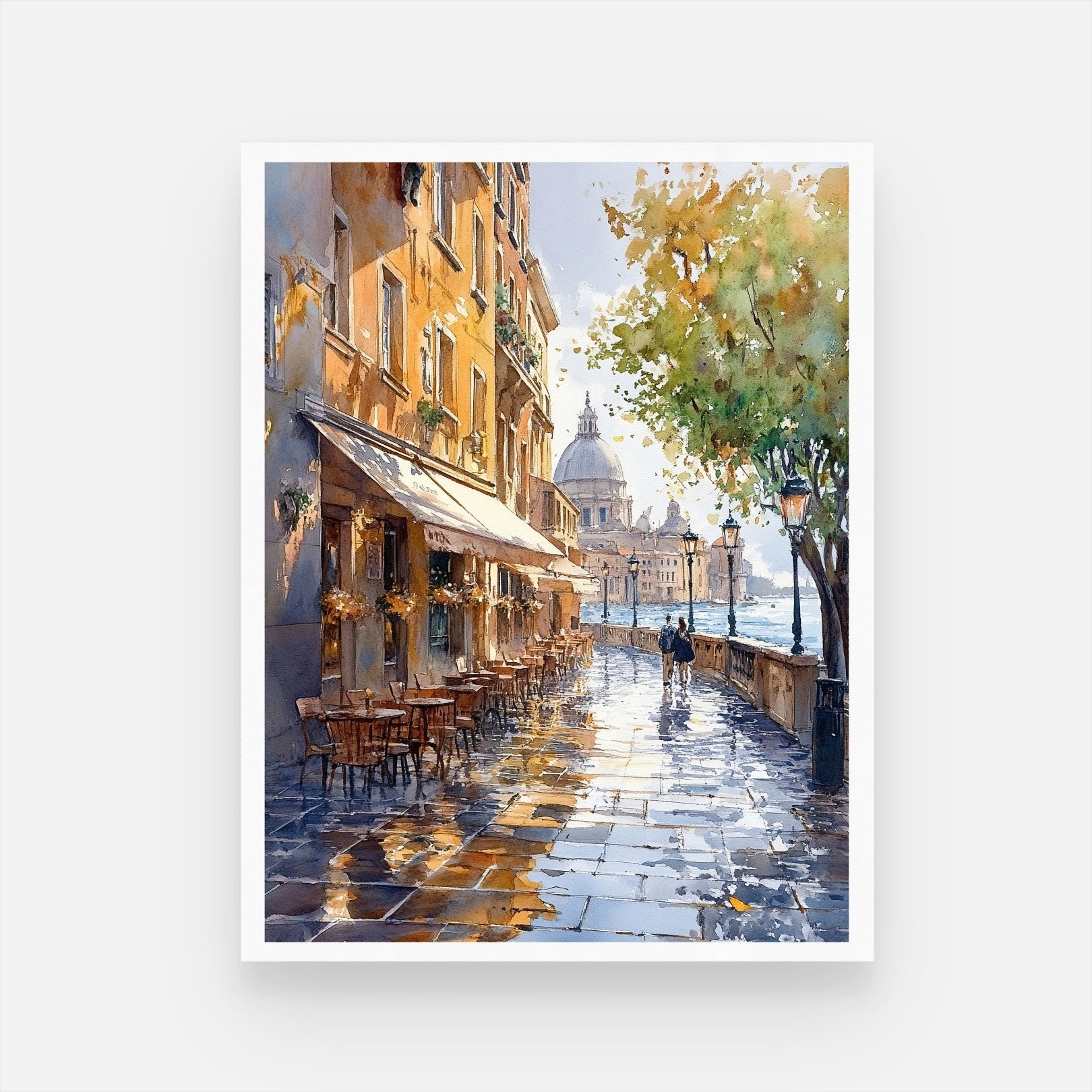 Elegant Street View: Watercolor Painting of Tables & Chairs