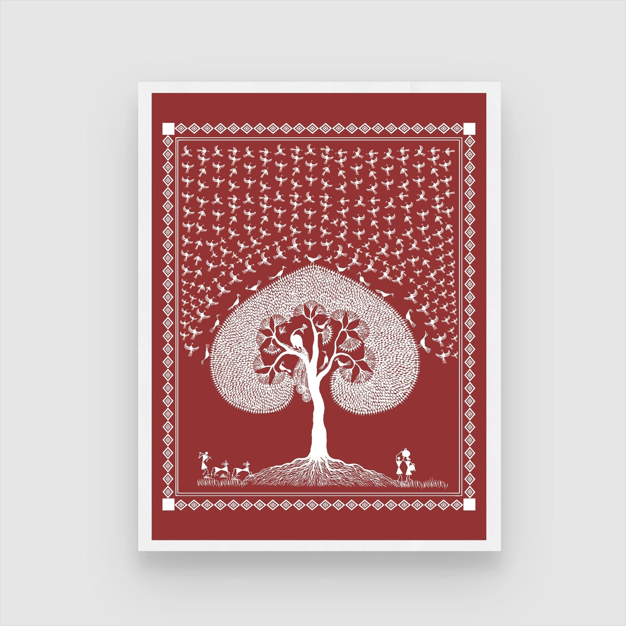 Tree & Bird Harmony: Warli Tranquility Rural Life Art