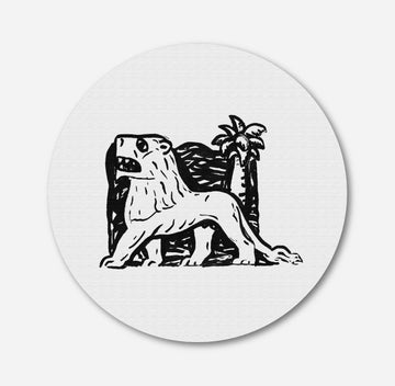 Lion stands in front of a palm tree Painting Circular Canvas Frame