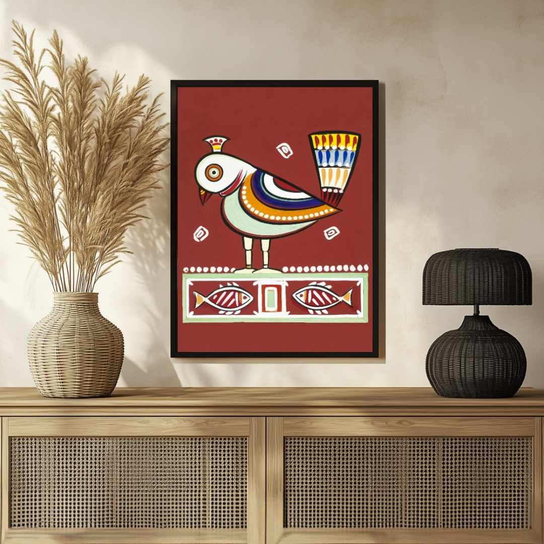 "Stylized Bird with Fish" Jamini Roy Painting | Fine Art Wall Art 2 : 3 Vertical Premium Wall Art Canvas by MeriDeewar
