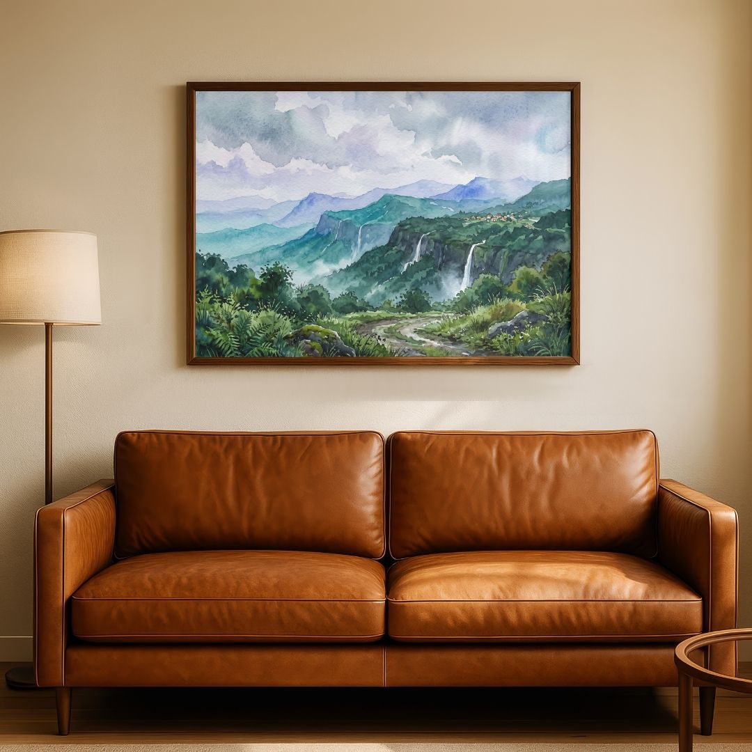Deccan Monsoon | Western Ghats Watercolor Landscape Framed Art Curate Premium Wall Art Canvas by MeriDeewar