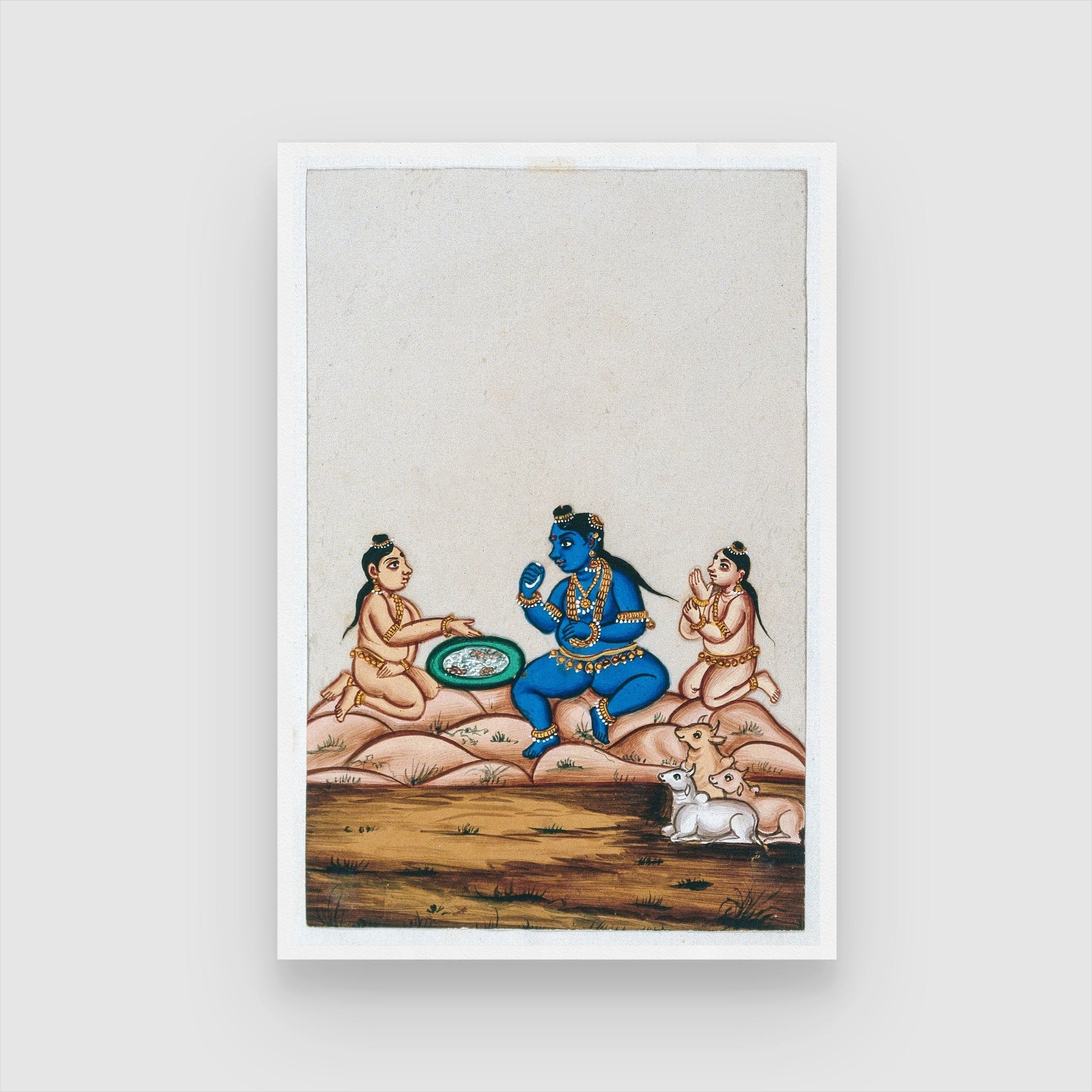 Bala Krishna sitting on a mountain eating food with some friends Painting