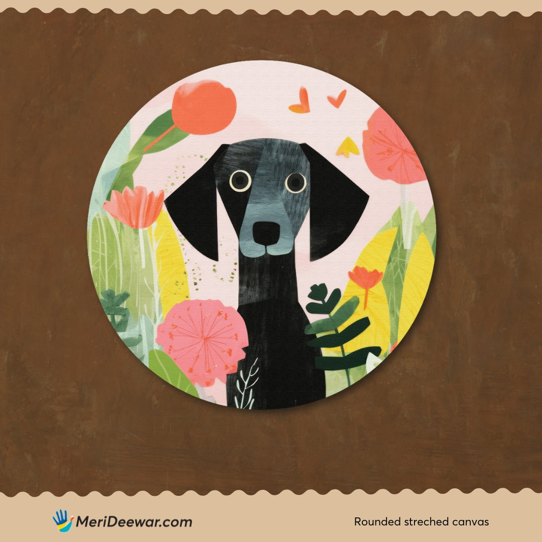 Cute Dog Painting Circular Canvas Frame