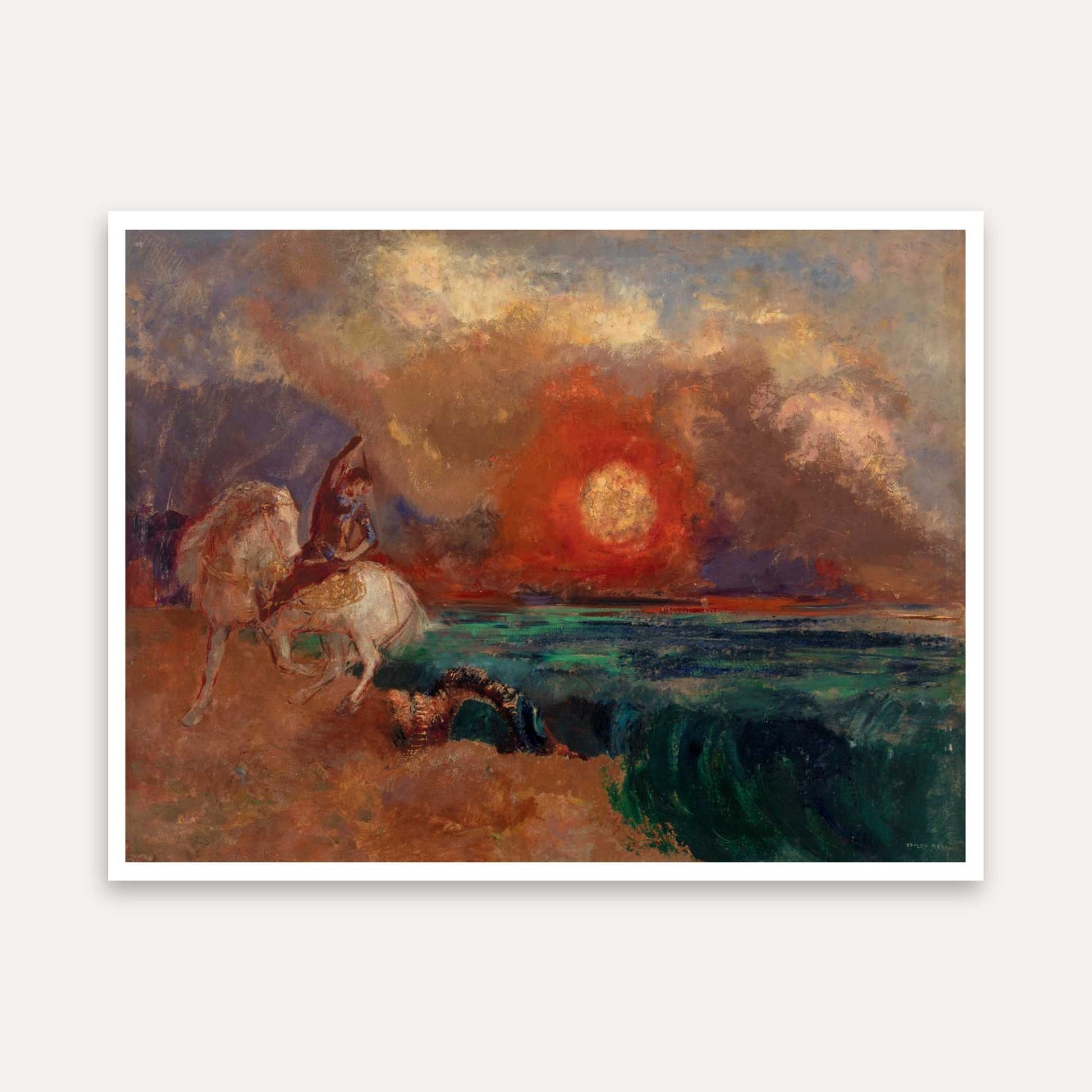Horse Painting with Sunset & Sea | Mythical Wall Art for Living Room | Giclée Fine Art Print 5 : 4 Horizontal Premium Wall Art Canvas by MeriDeewar