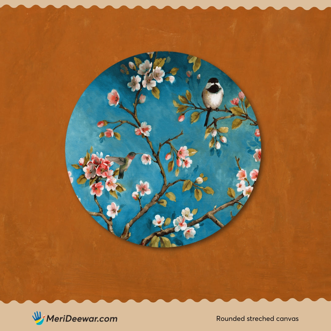 Blackbrdstore Floral And Birds Circular Canvas Frame