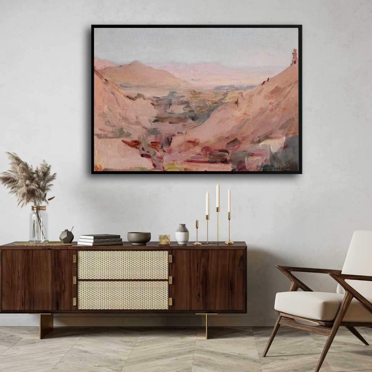 Impressionist Pink Canyon Landscape Oil Painting | Horizontal Framed Print 4 : 3 Horizontal Premium Wall Art Canvas by MeriDeewar