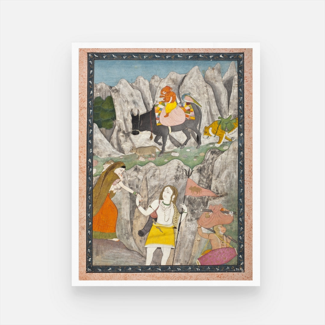 Divine Descent: Shiva's Family Mount Kailasa Painting - MeriDeewar