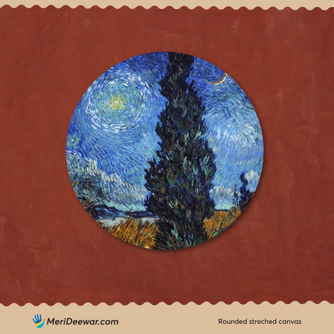 Road with Cypress and Star Painting Circular Canvas Frame