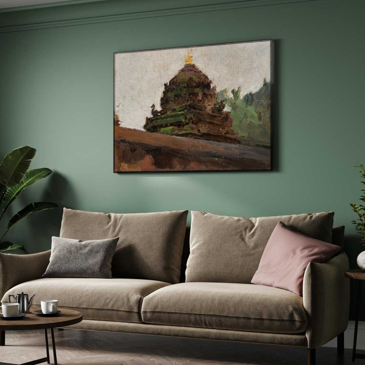 Impressionist Ancient Stone Temple Oil Painting | Horizontal Framed Print 4 : 3 Horizontal Premium Wall Art Canvas by MeriDeewar
