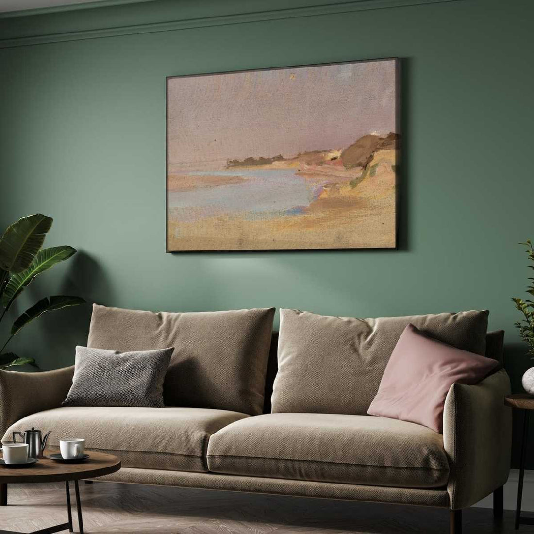 Impressionist Pastel River Landscape Oil Painting | Horizontal Framed Print 4 : 3 Horizontal Premium Wall Art Canvas by MeriDeewar