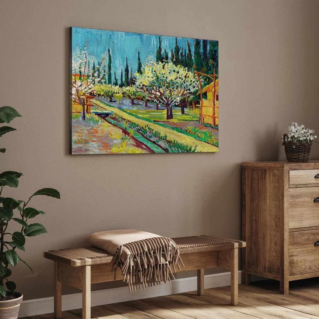 Van Gogh Blossoming Orchard Painting for Living Room | Nature Scenery Wall Art | Giclée Print 4 : 3 Horizontal Premium Wall Art Canvas by MeriDeewar