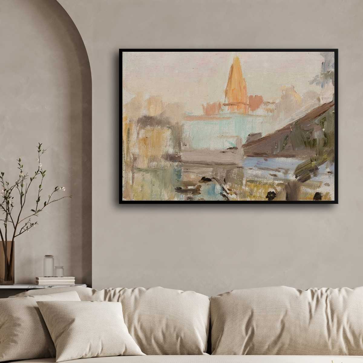Impressionist Sacred River Temple Oil Painting | Horizontal Framed Print 4 : 3 Horizontal Premium Wall Art Canvas by MeriDeewar
