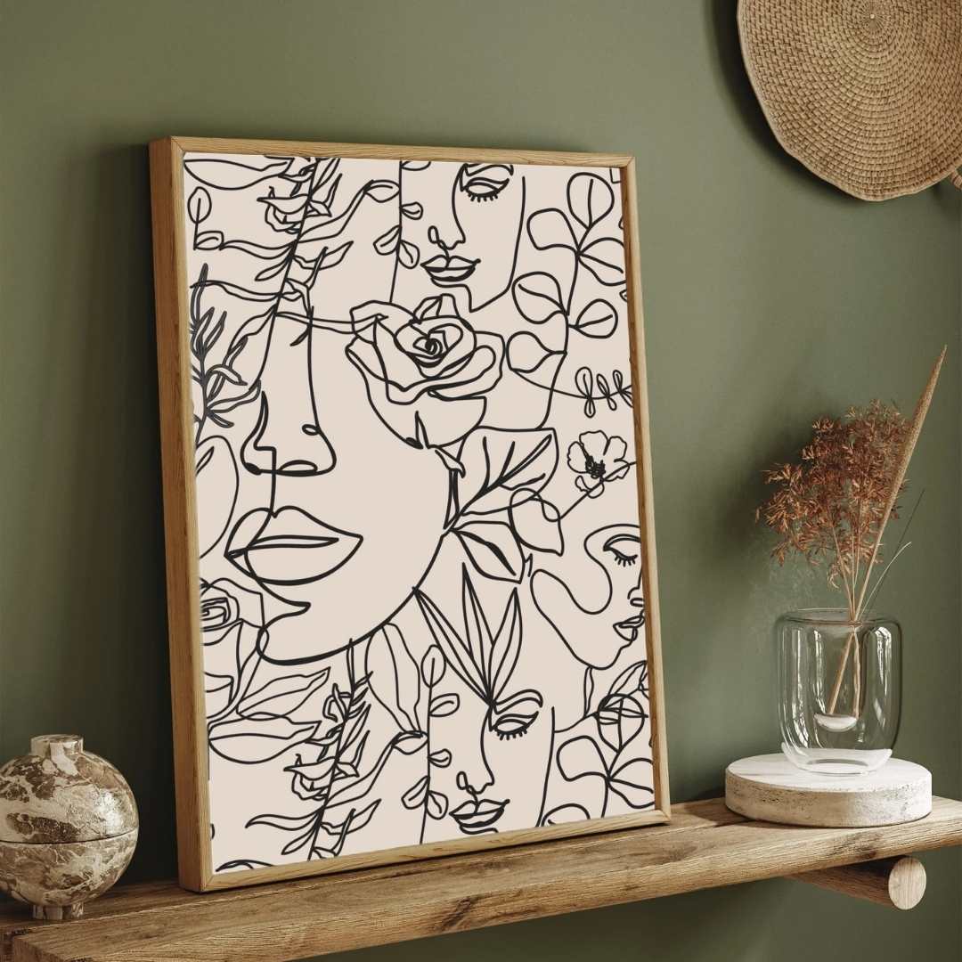 Modern Scandinavian Minimalist Botanical Faces Line Art Poster | Vertical Contemporary Boho White Framed Wall Art
