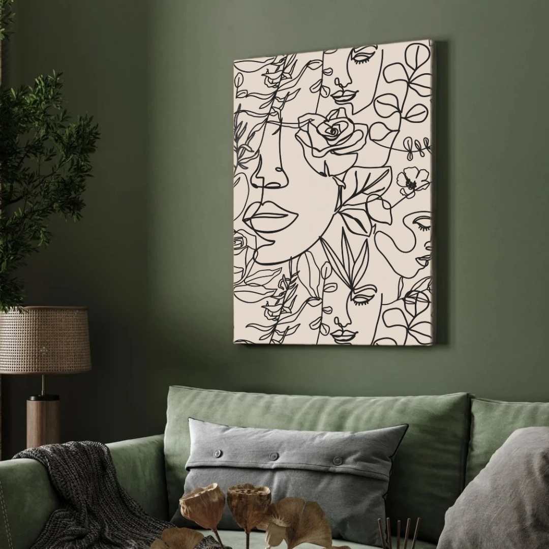 Modern Scandinavian Minimalist Botanical Faces Line Art Poster | Vertical Contemporary Boho White Framed Wall Art