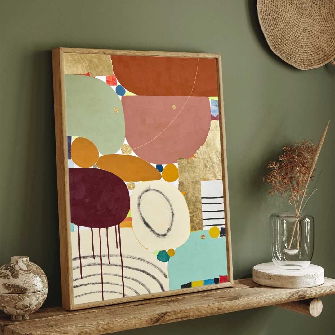Luxury Abstract Expressionism Multi-Shape Earth Tone Collage Painting | Vertical Modern Boho White Framed Wall Art 3 : 4 Vertical Premium Wall Art Canvas by MeriDeewar