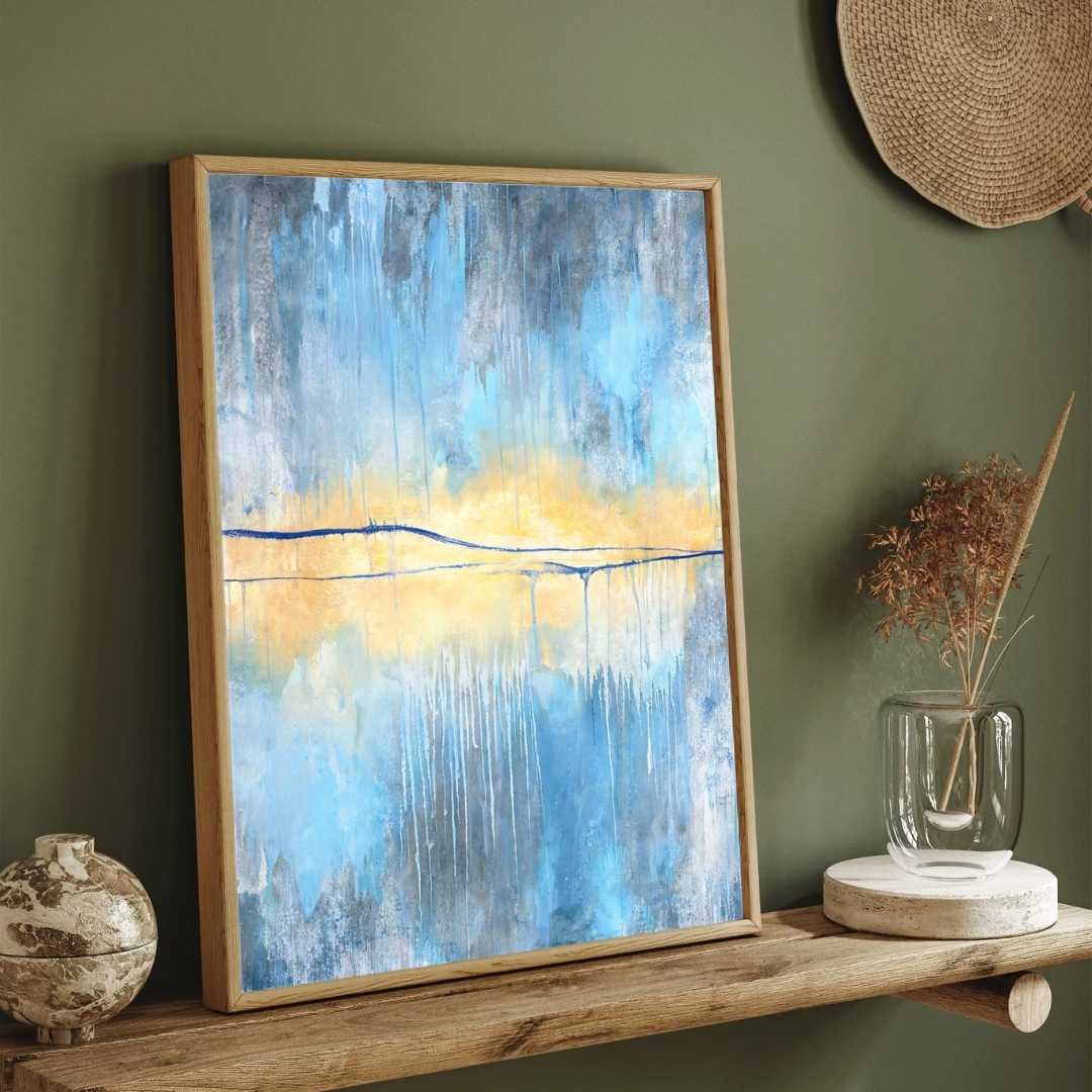 Luxury Abstract Expressionism Atmospheric Blue & Luminous Gold Painting | Vertical Modern Boho White Framed Wall Art 3 : 4 Vertical Premium Wall Art Canvas by MeriDeewar