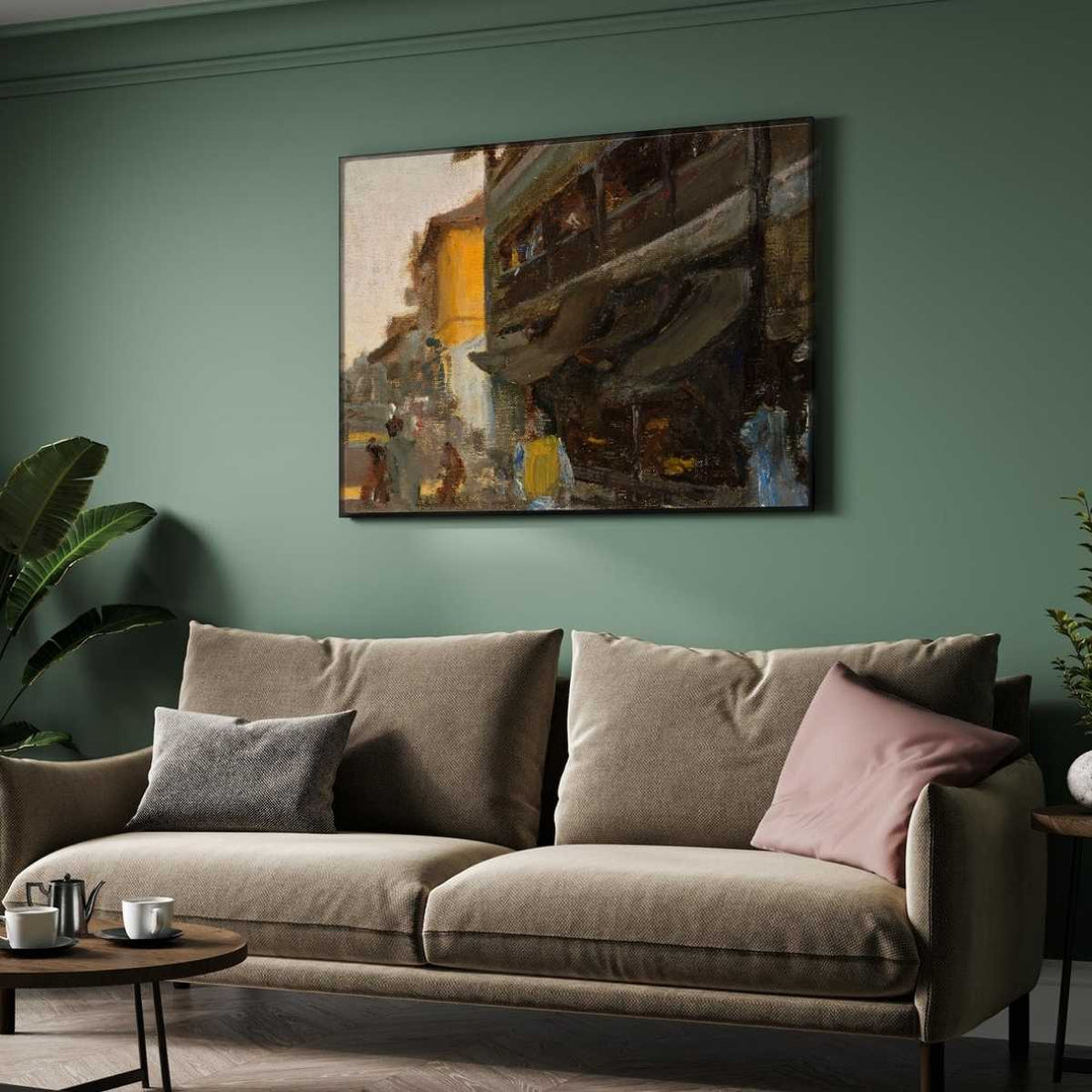 Impressionist Indian Old City Street Oil Painting | Horizontal Framed Print 4 : 3 Horizontal Premium Wall Art Canvas by MeriDeewar