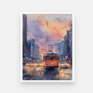 Retro City Tram Watercolor | Classic Urban Art - MeriDeewar