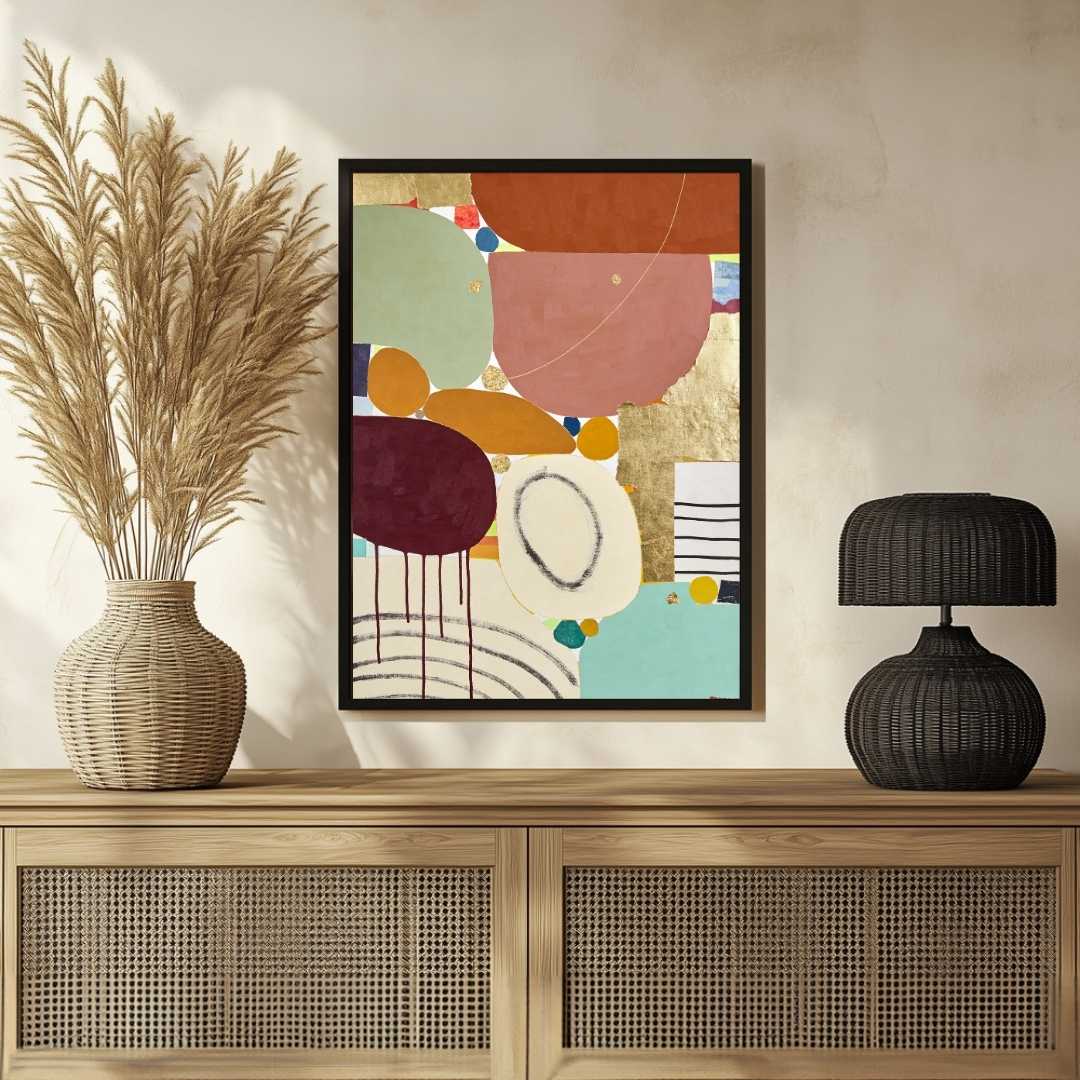 Luxury Abstract Expressionism Multi-Shape Earth Tone Collage Painting | Vertical Modern Boho White Framed Wall Art 3 : 4 Vertical Premium Wall Art Canvas by MeriDeewar