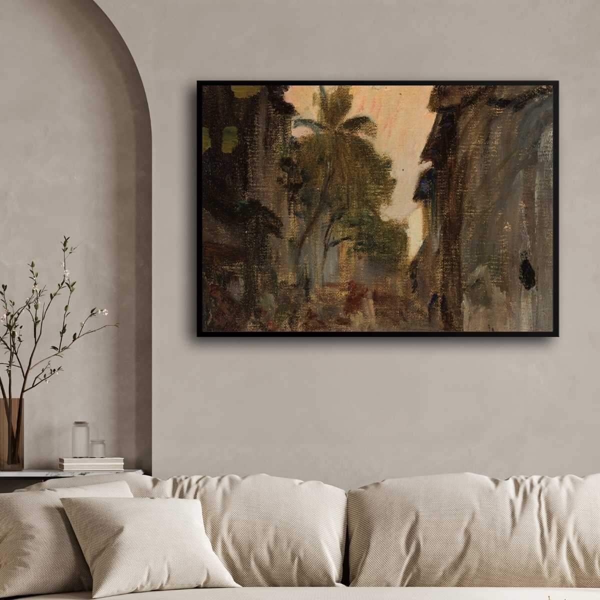 Impressionist Moody Indian Alleyway Oil Painting | Horizontal Framed Print 4 : 3 Horizontal Premium Wall Art Canvas by MeriDeewar