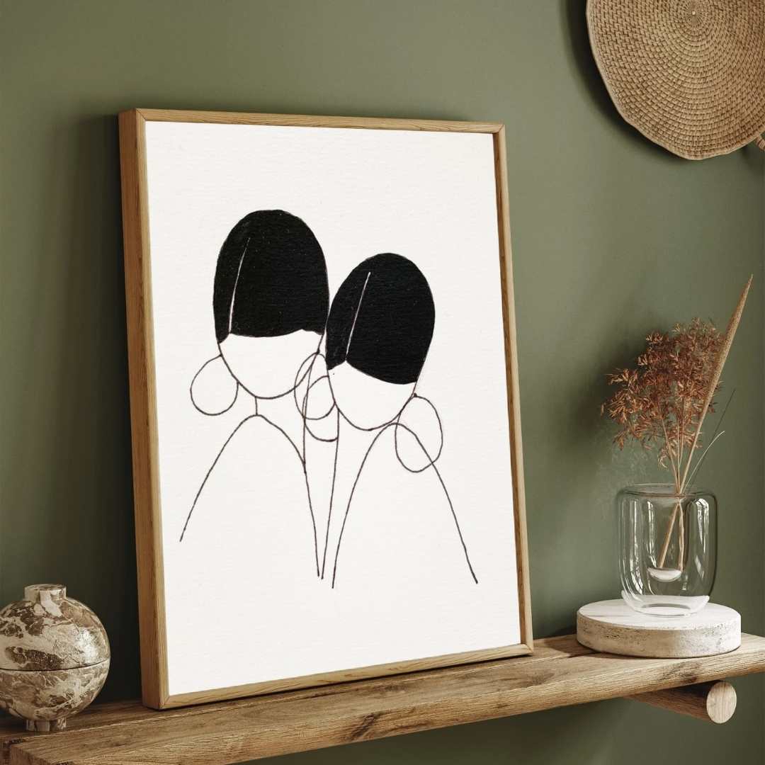 Minimalist Abstract Twin Figures Line Art Poster | Vertical Contemporary Boho White Framed Wall Art
