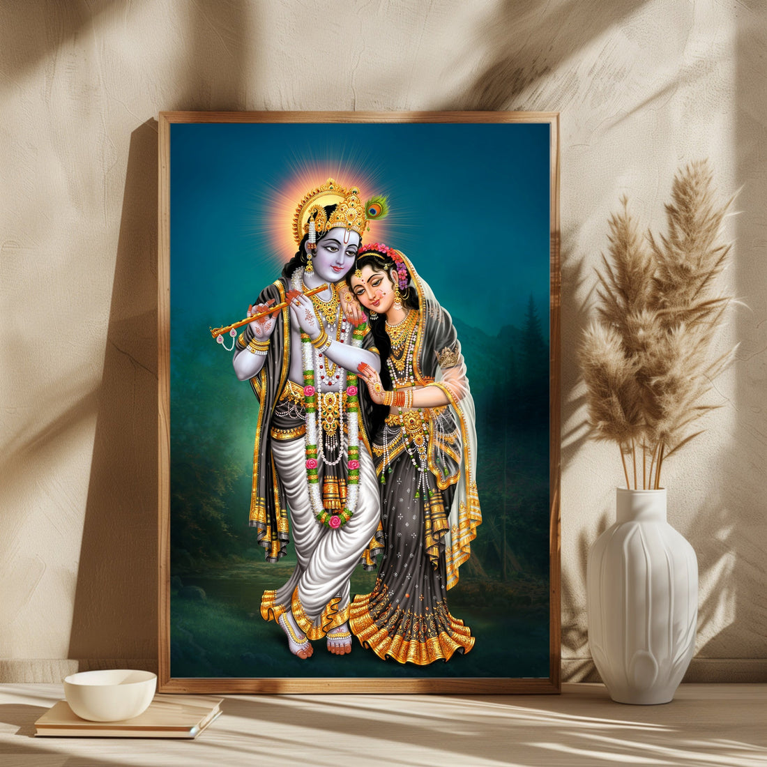 Beautiful Radha Krishna with bansuri Wall Painting by MeriDeewar Big Size Multiple Frames,for Living Room, Bedroom, Office, Hotels, Drawing Room