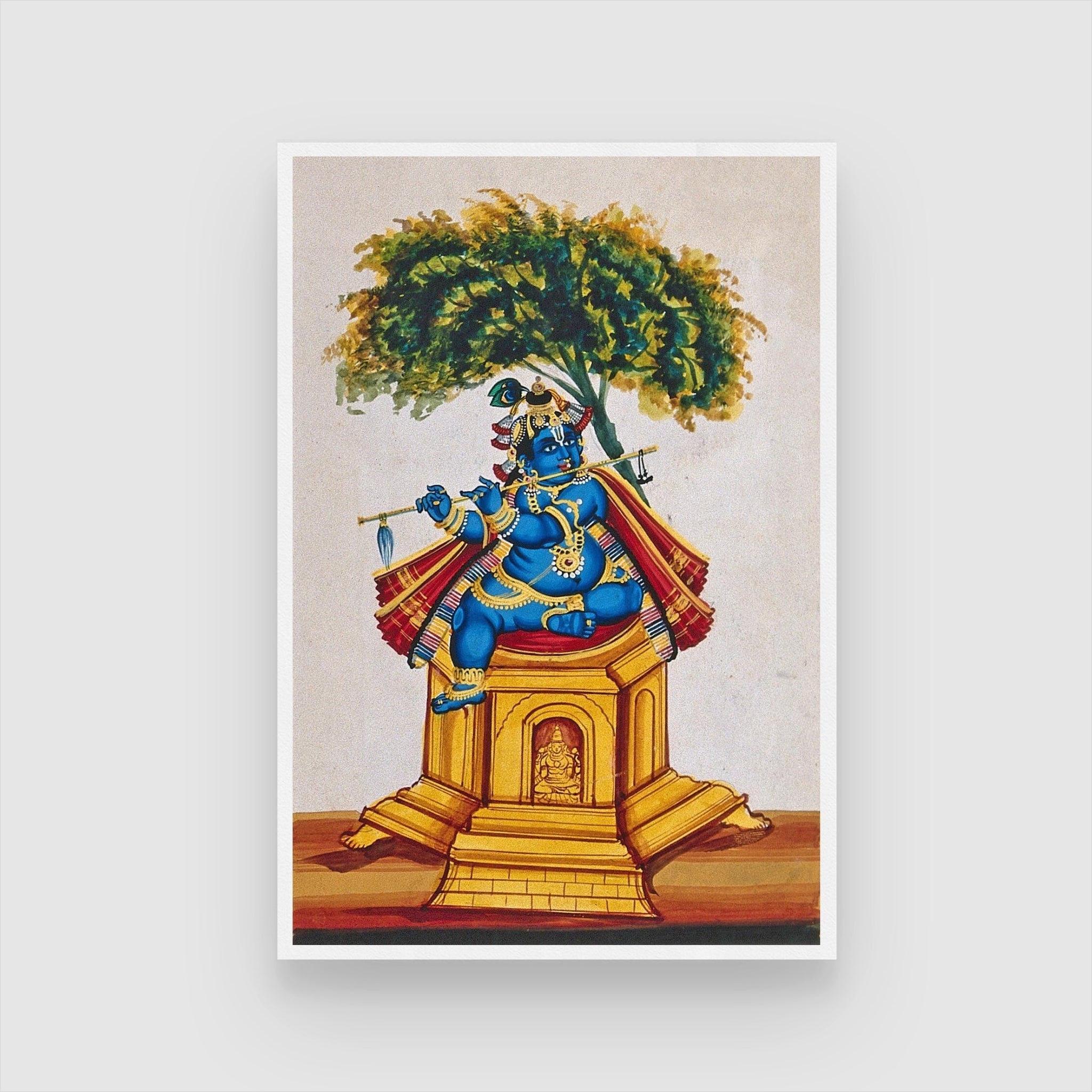 Krishna sitting on top of a temple, playing the flute Painting