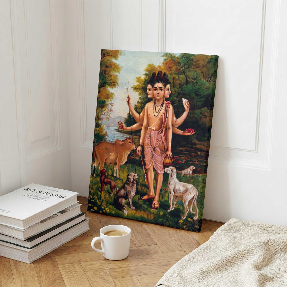 Dattatreya with Four Dogs and Cow Painting | Indian Spiritual Wall Art by MeriDeewar 4 X 5.5 Vertical Premium Wall Art Canvas by MeriDeewar