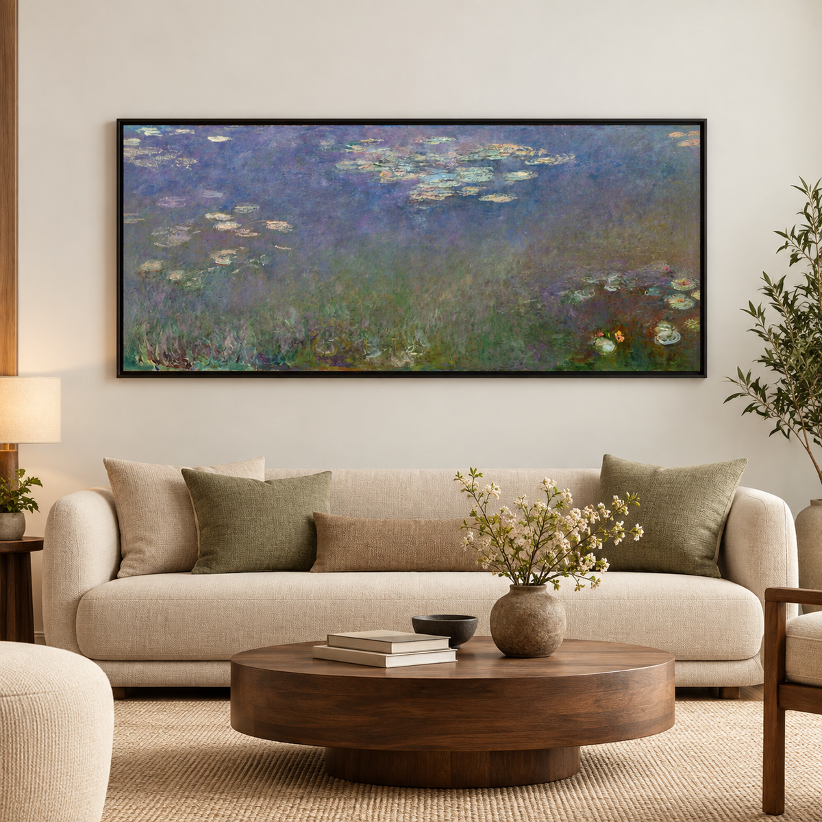 Water Lilies Painting for Living Room | Claude Monet Floral Wall Art | Panoramic Print Panorama Paintings Premium Wall Art Canvas by MeriDeewar