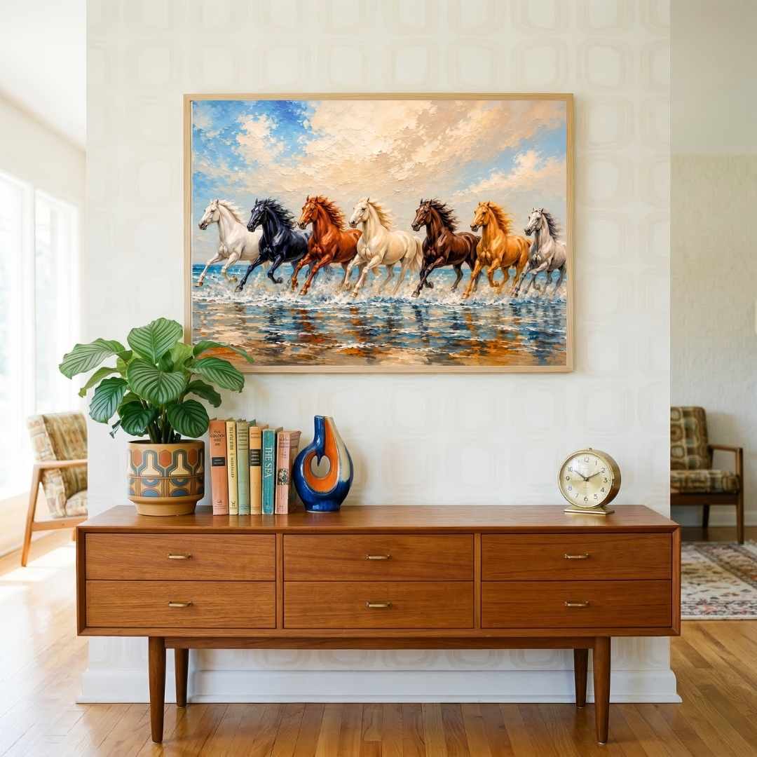 Seven Horse Painting Vastu for Living Room | Running Horses Wall Art | Giclée Print 3 : 2 Horizontal Premium Wall Art Canvas by MeriDeewar
