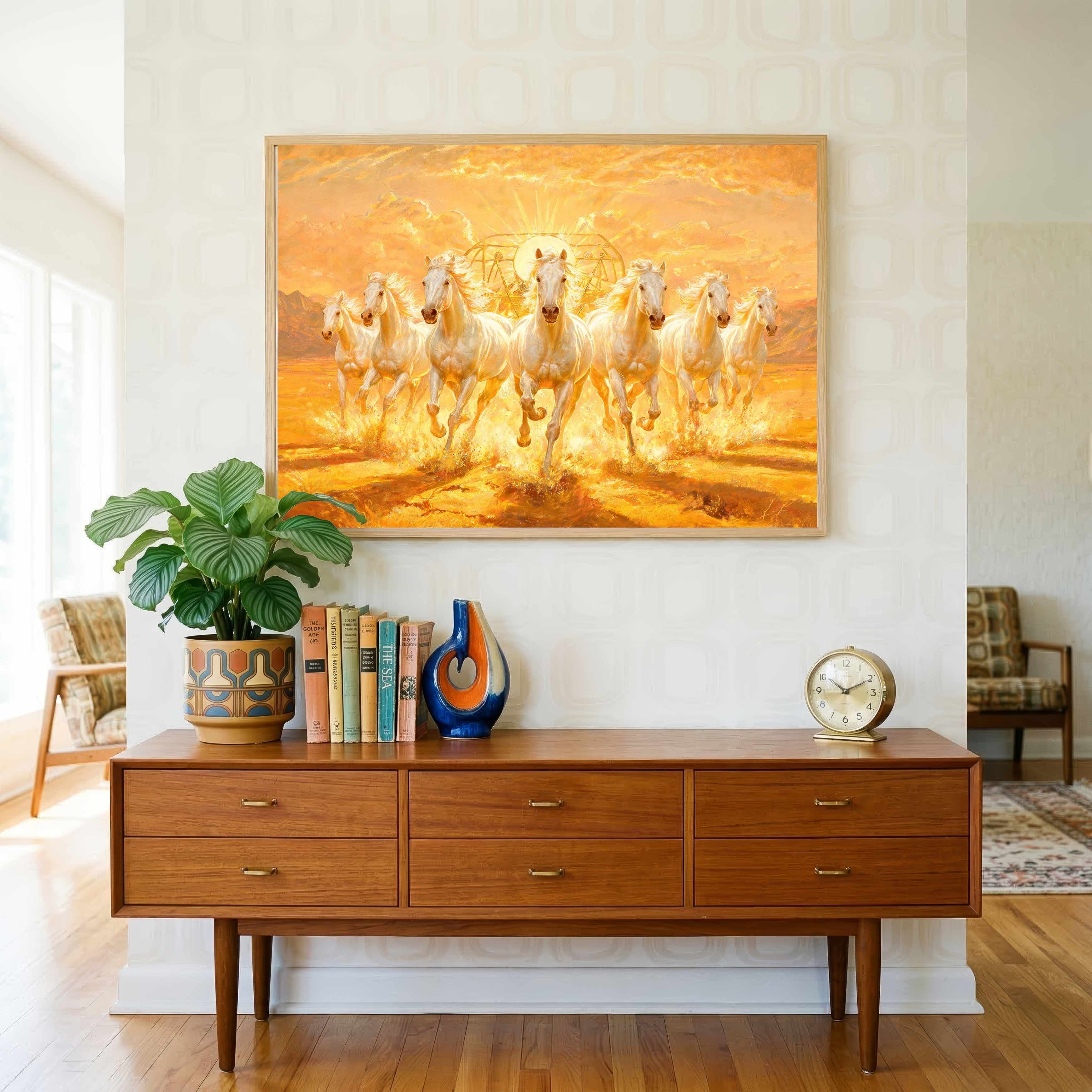 Seven Horse Painting Vastu for Living Room | White Running Horses Wall Art | Giclée Print 3 : 2 Horizontal Premium Wall Art Canvas by MeriDeewar