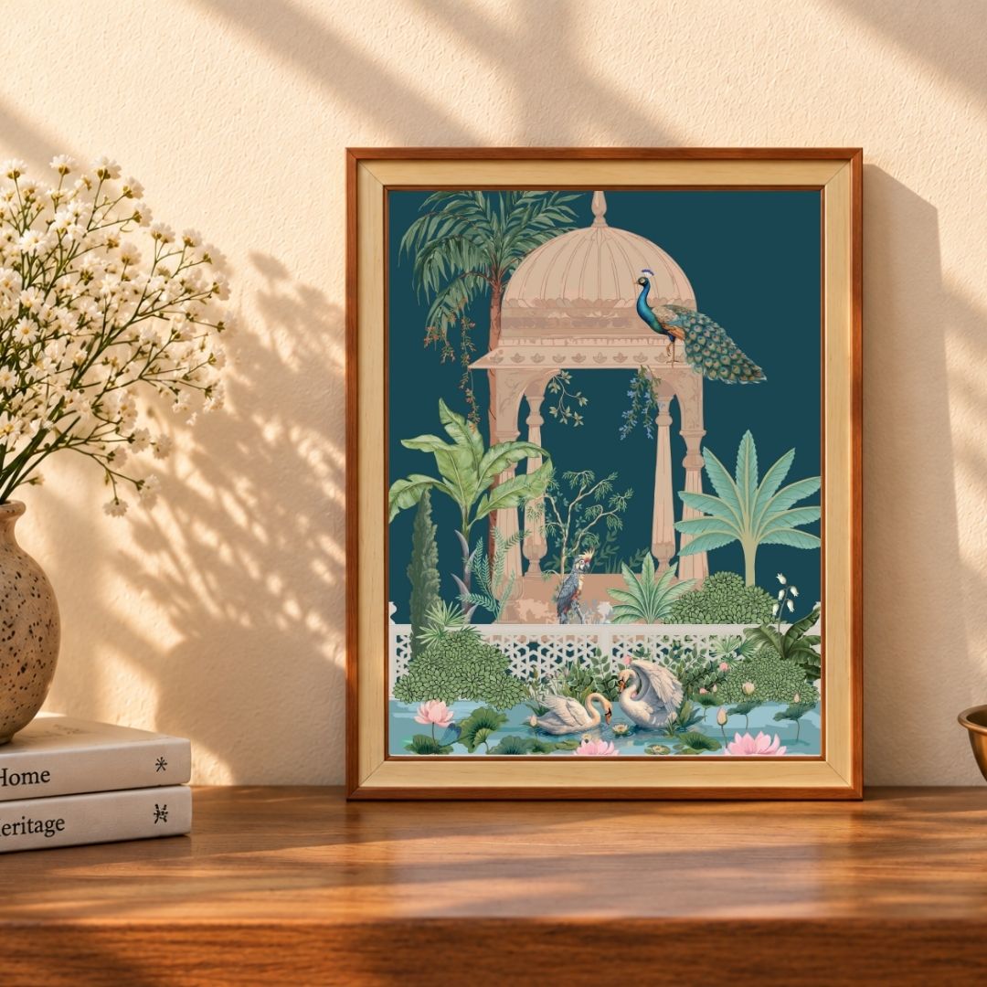 The Royal Chhatri | Rajasthani Garden Pavilion Peacock & Lotus Lake Framed Art Curate Premium Wall Art Canvas by MeriDeewar