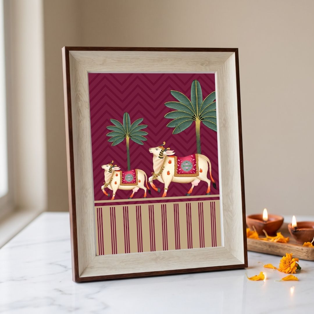Pichwai Vatsalya | Traditional Rajasthani Cow & Calf Framed Art Curate Oakwood mix Premium Wall Art Canvas by MeriDeewar