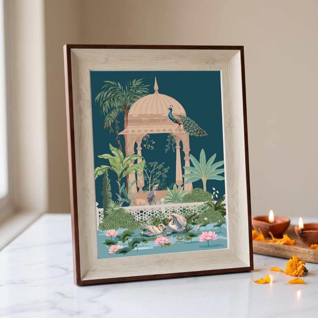 The Royal Chhatri | Rajasthani Garden Pavilion Peacock & Lotus Lake Framed Art Curate Oakwood mix Premium Wall Art Canvas by MeriDeewar