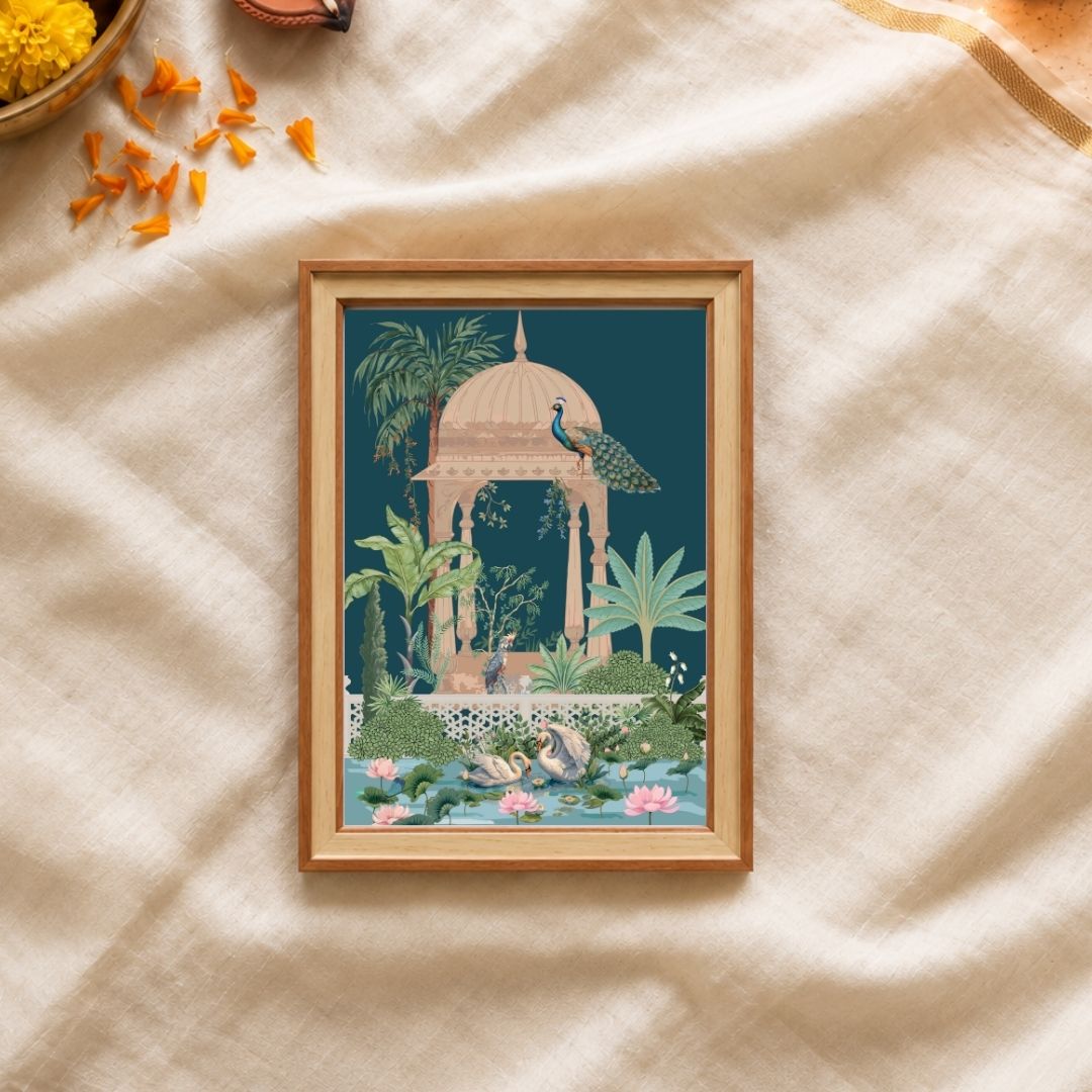 The Royal Chhatri | Rajasthani Garden Pavilion Peacock & Lotus Lake Framed Art Curate Pinewood Mix Premium Wall Art Canvas by MeriDeewar
